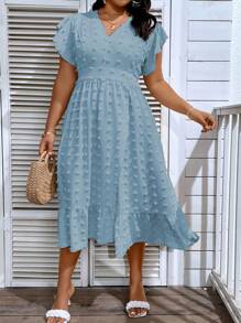 SHEIN LUNE Đầm Plus Size Xù Viên lá sen màu trơn Giải trí - Màu xanh nhạt - Xem 3