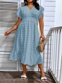 SHEIN LUNE Đầm Plus Size Xù Viên lá sen màu trơn Giải trí - Màu xanh nhạt - Xem 4