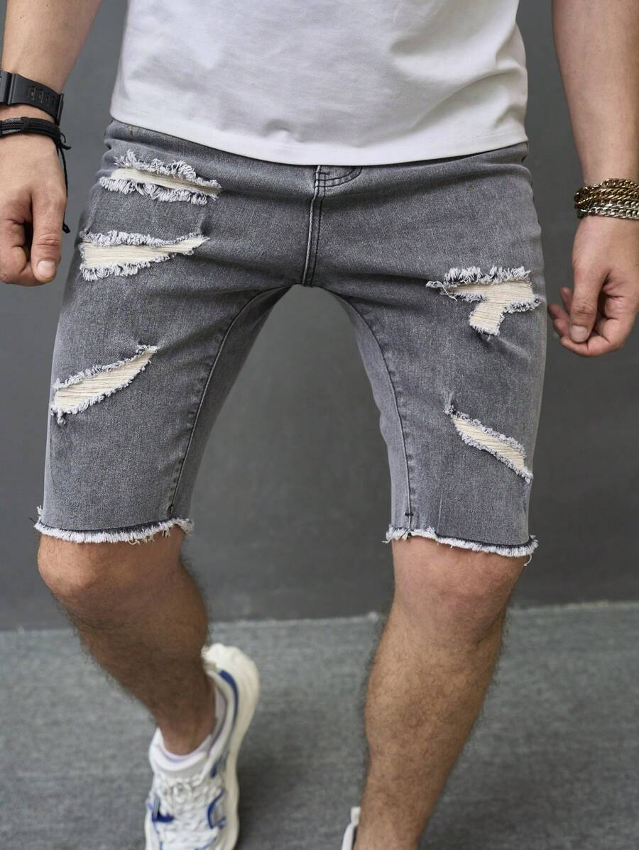 Manfinity Nam Quần short Denim Bông Rách Trang trí thô bị sờn - Xám - Xem 1