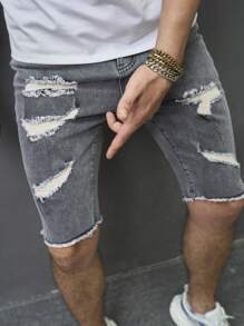 Manfinity Nam Quần short Denim Bông Rách Trang trí thô bị sờn - Xám - Xem 3