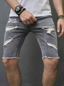 Manfinity Nam Quần short Denim Bông Rách Trang trí thô bị sờn - Xám - Xem 4