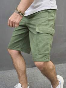 Manfinity 男式翻蓋口側邊超大口袋牛仔短褲 - 綠色 - 查看 1