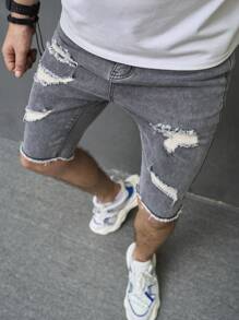 Manfinity Nam Quần short Denim Bông Rách Trang trí thô bị sờn - Xám - Xem 5