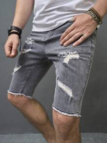 Manfinity Nam Quần short Denim Bông Rách Trang trí thô bị sờn - Xám - Xem 6