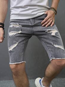 Manfinity Nam Quần short Denim Bông Rách Trang trí thô bị sờn - Xám - Xem 8