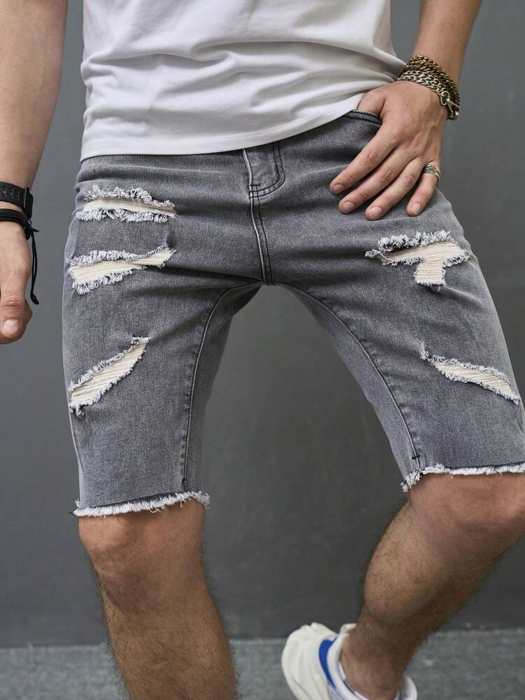 Manfinity Nam Quần short Denim Bông Rách Trang trí thô bị sờn - Xám - Xem 8