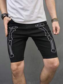 Manfinity Men Cotton Bone Print Denim Shorts - Black - View 1