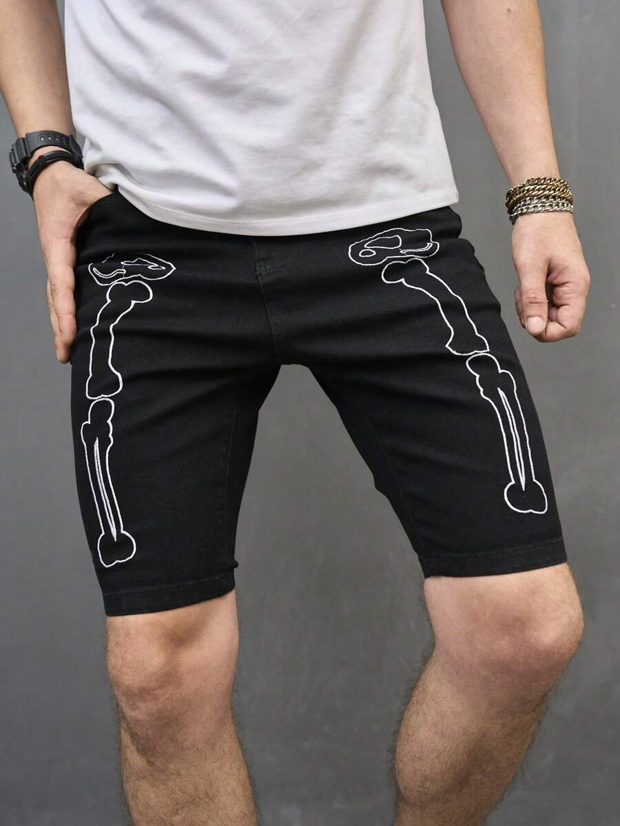 Manfinity Men Cotton Bone Print Denim Shorts - Black - View 1