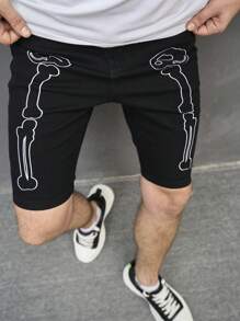 Manfinity Men Cotton Bone Print Denim Shorts - Black - View 3