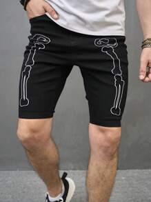 Manfinity Men Cotton Bone Print Denim Shorts - Black - View 5