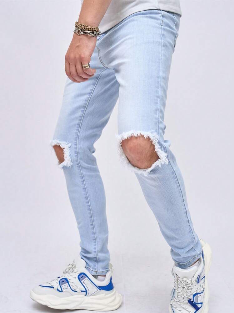 Manfinity LEGND Homme Jean Skinny En Coton Déchiré Effiloché Découpé - Jean clair - Voir 3