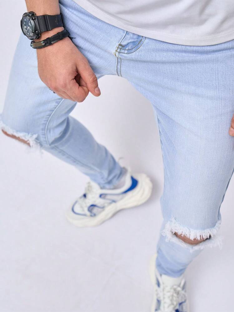 Manfinity LEGND Homme Jean Skinny En Coton Déchiré Effiloché Découpé - Jean clair - Voir 6