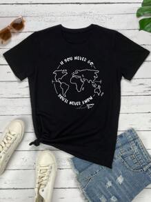 SHEIN LUNE Camiseta mapa & con estampado de slogan