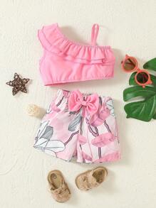 Baby Asymmetrical Neck Ruffle Trim Top & Floral Print Bow Front Shorts - Pink - View 1