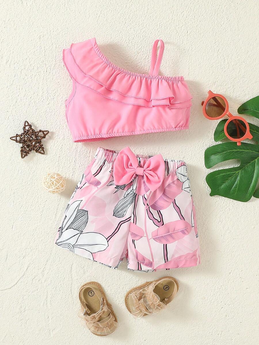 Baby Asymmetrical Neck Ruffle Trim Top & Floral Print Bow Front Shorts - Pink - View 1