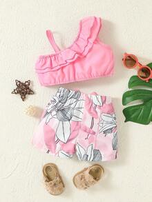 Baby Asymmetrical Neck Ruffle Trim Top & Floral Print Bow Front Shorts - Pink - View 2