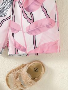 Baby Asymmetrical Neck Ruffle Trim Top & Floral Print Bow Front Shorts - Pink - View 3