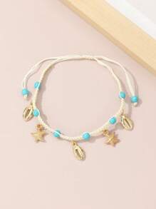 海星和貝殼墜飾串珠腳鏈 - 白色 - 查看 6