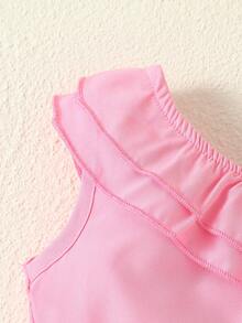 Baby Asymmetrical Neck Ruffle Trim Top & Floral Print Bow Front Shorts - Pink - View 5