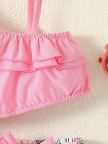 Baby Asymmetrical Neck Ruffle Trim Top & Floral Print Bow Front Shorts - Pink - View 6