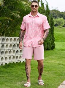 Manfinity RSRT 男士寬鬆全印花襯衫和短褲套裝 - 粉色 - 查看 1