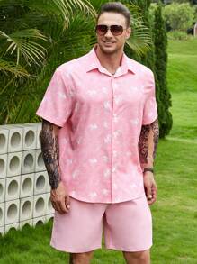 Manfinity RSRT 男士寬鬆全印花襯衫和短褲套裝 - 粉色 - 查看 4