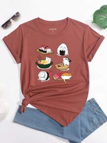 SHEIN LUNE Áo thun nữ Hoạt hình Giải trí - Gỗ đỏ - Xem 1