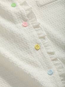 DAZY Áo thun nữ Nút phía trước viền lá sen Xù nhỏ màu trơn Giải trí - trắng - Xem 8