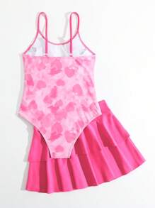 青少女漸變染&心形印花連身泳裝,附海灘裙 - 玫紅色 - 查看 2