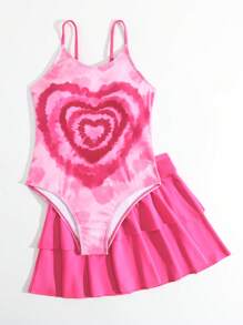 青少女漸變染&心形印花連身泳裝,附海灘裙 - 玫紅色 - 查看 3