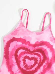 青少女漸變染&心形印花連身泳裝,附海灘裙 - 玫紅色 - 查看 4