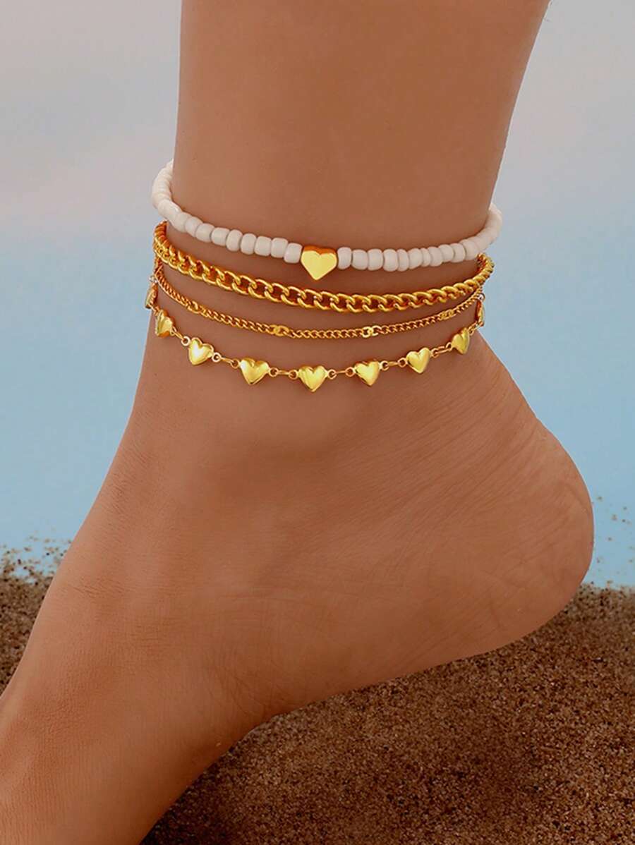 4入组/套時尚鋅合金塑膠愛心裝飾腳錬適合夏天海灘裝飾用品 - 金黃色 - 查看 1