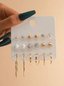 9pairs/Set Fashion Faux Pearl & Rhinestone Decor Earrings For Women For Daily Decoration