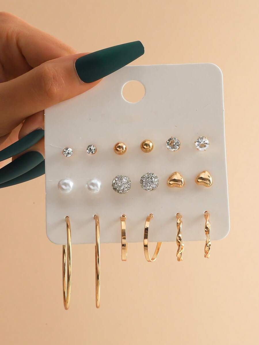9pairs/Set Fashion Faux Pearl & Rhinestone Decor Earrings For Women For Daily Decoration