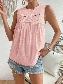 SHEIN VCAY Áo sơ mi nữ Nút Tương phản ren màu trơn Giải trí - Hồng - Xem 1