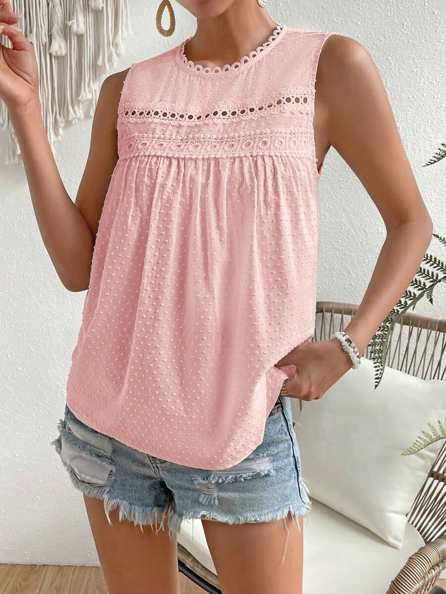 SHEIN VCAY Áo sơ mi nữ Nút Tương phản ren màu trơn Giải trí - Hồng - Xem 1