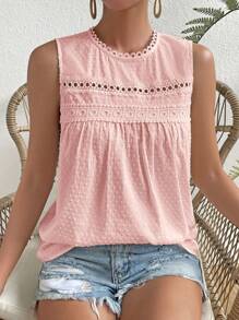 SHEIN VCAY Áo sơ mi nữ Nút Tương phản ren màu trơn Giải trí - Hồng - Xem 3