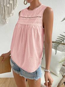 SHEIN VCAY Áo sơ mi nữ Nút Tương phản ren màu trơn Giải trí - Hồng - Xem 5