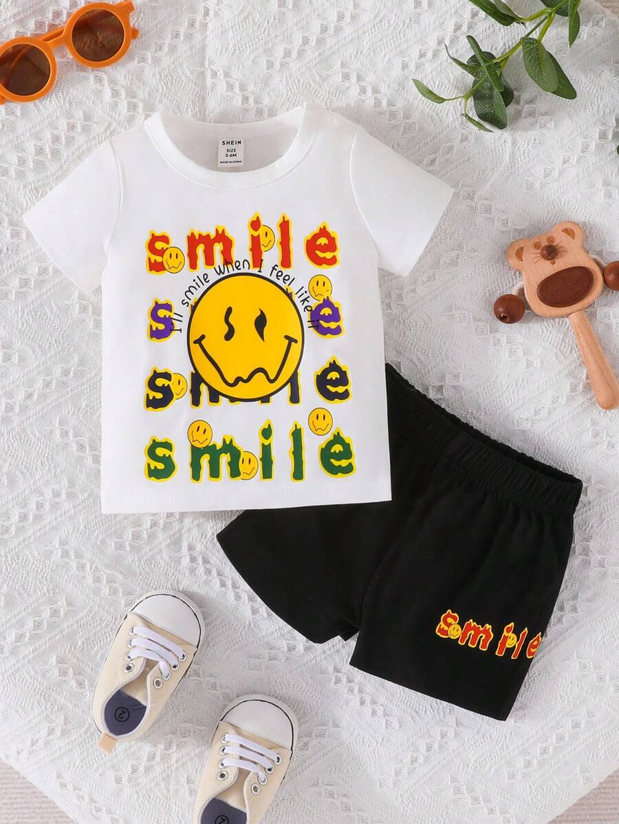 Đứa bé trai Cartoon & Đồ họa chữ cái Áo thun & quần đùi - Đen và trắng - Xem 1