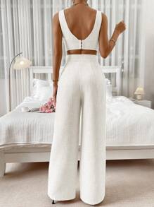 SHEIN Privé 素色背心上衣和闊腿褲 - 白色 - 查看 2