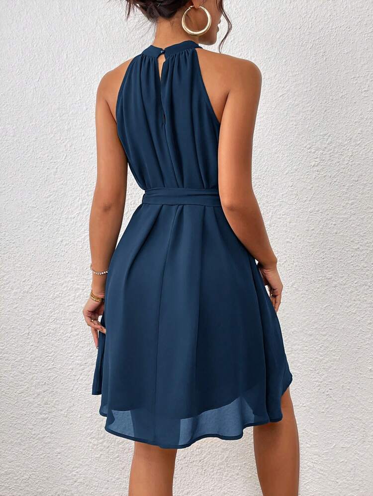 Solid Belted Halter Dress,Summer Dresses For Women,Tea Party Dress