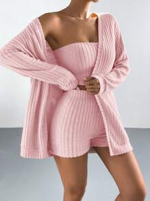 SHEIN EZwear Drop Shoulder Open Front Coat & Tube Top & Shorts - Baby Pink - View 1