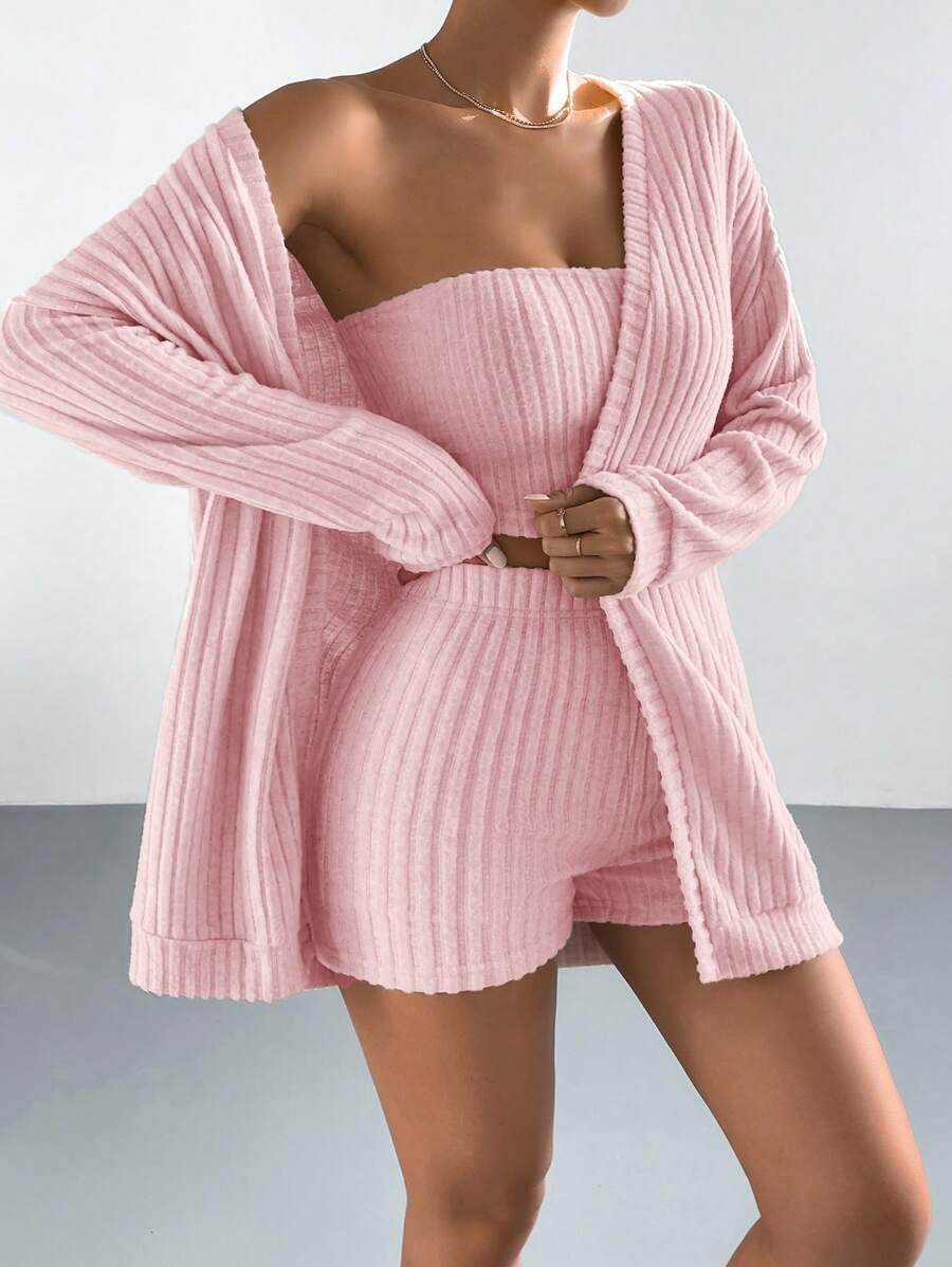 SHEIN EZwear Drop Shoulder Open Front Coat & Tube Top & Shorts - Baby Pink - View 1
