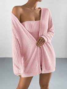 SHEIN EZwear Drop Shoulder Open Front Coat & Tube Top & Shorts - Baby Pink - View 4