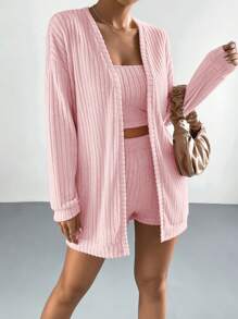 SHEIN EZwear Drop Shoulder Open Front Coat & Tube Top & Shorts - Baby Pink - View 5