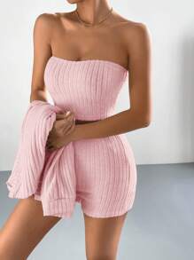 SHEIN EZwear Drop Shoulder Open Front Coat & Tube Top & Shorts - Baby Pink - View 6