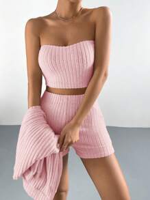 SHEIN EZwear Drop Shoulder Open Front Coat & Tube Top & Shorts - Baby Pink - View 7