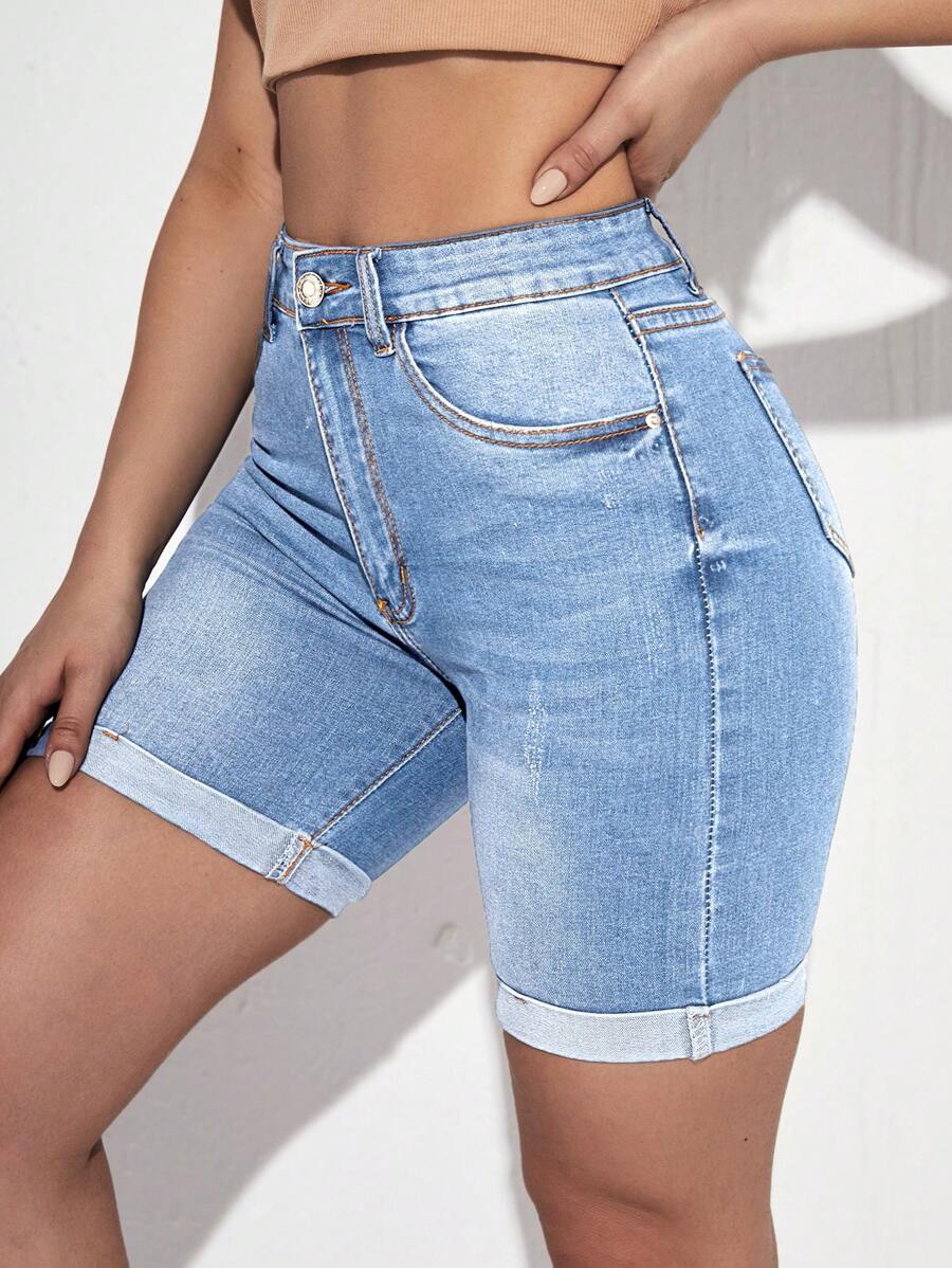 SHEIN Essnce Roll Up Hem Denim Shorts - Light Wash - View 1