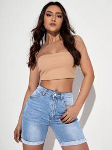 SHEIN Essnce Roll Up Hem Denim Shorts - Light Wash - View 2