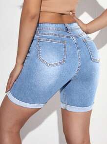 SHEIN Essnce Roll Up Hem Denim Shorts - Light Wash - View 3